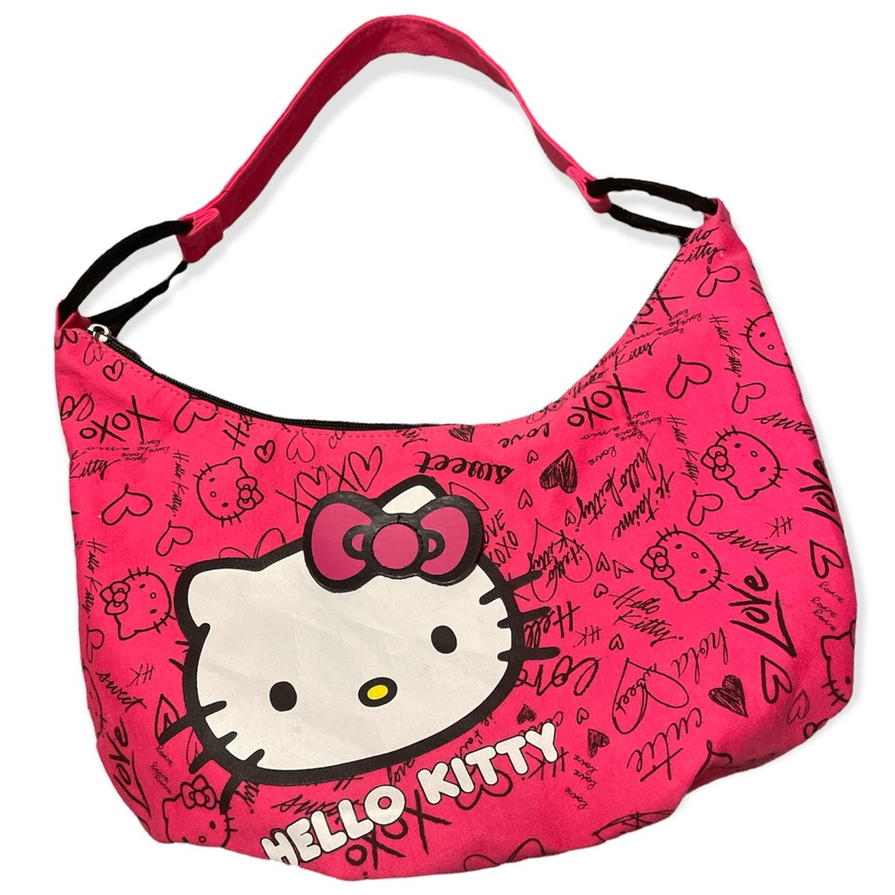 Hello Kitty Love XOXO Sweet Words Hot Pink & Black Heart Cotton Shoulder Bag